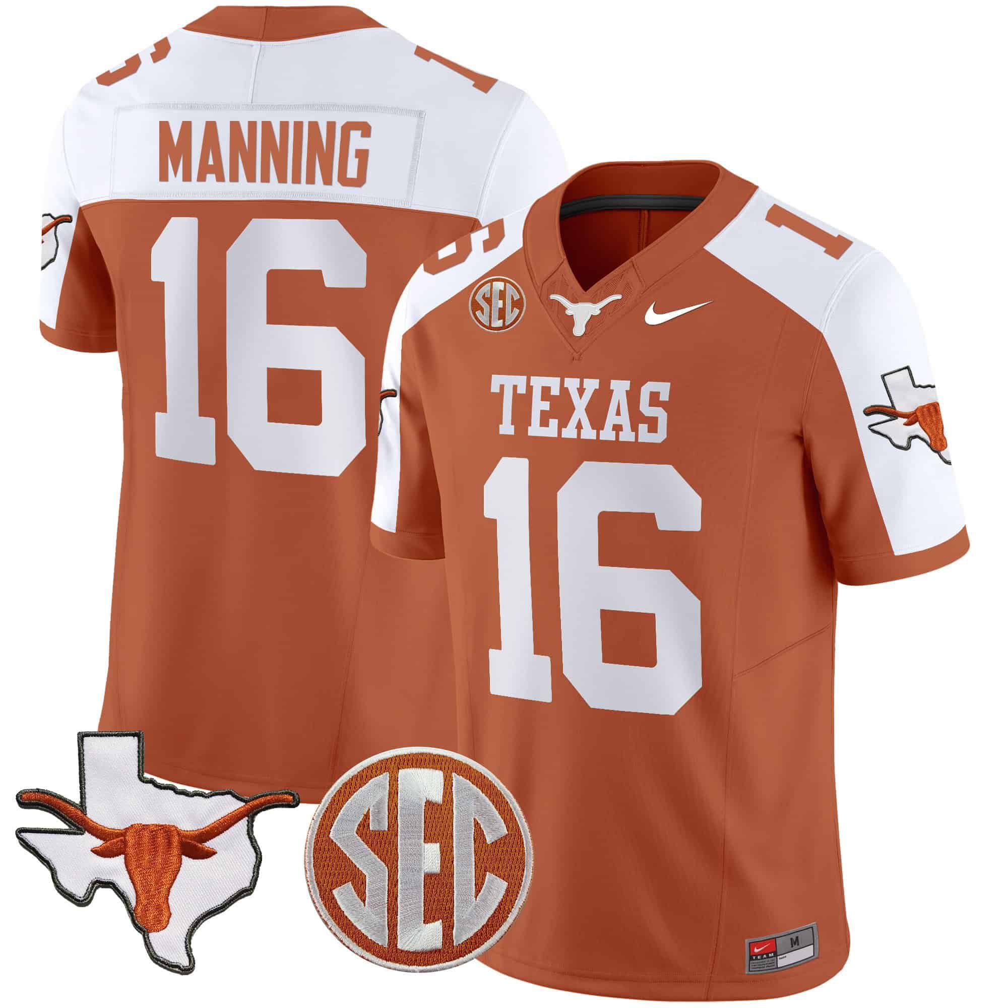 Men Texas Longhorns #16 Manning Orange 2024 Nike State Map & SEC Patch Vapor NCAA Jersey->indianapolis colts->NFL Jersey